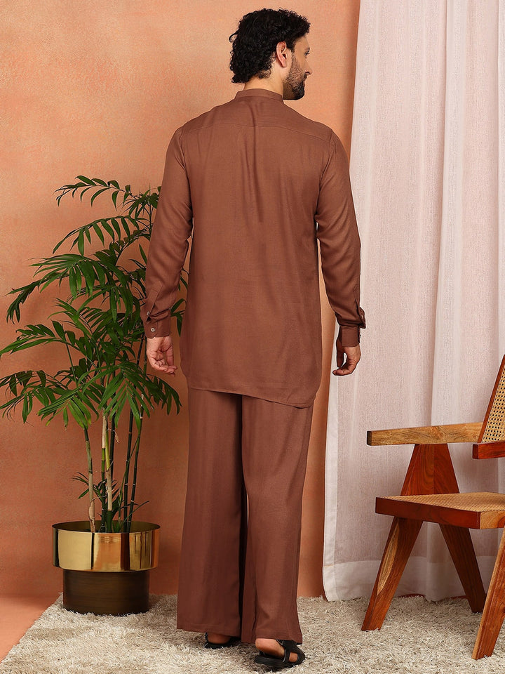 Men's Brown Viscose Rayon Solid Pathani Set