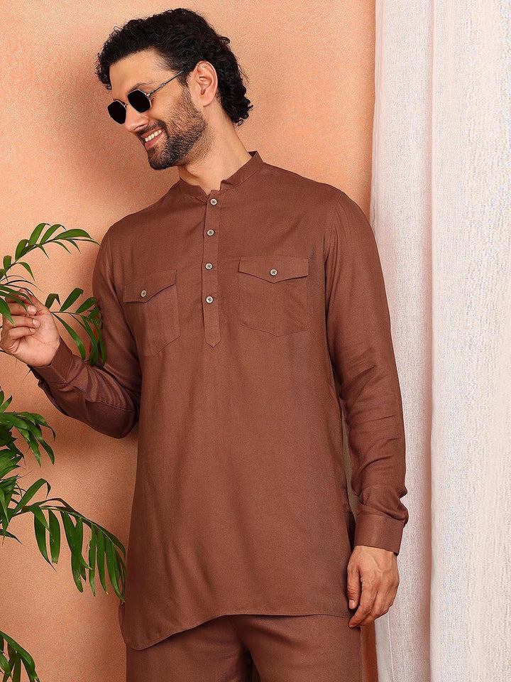 Men's Brown Viscose Rayon Solid Pathani Set