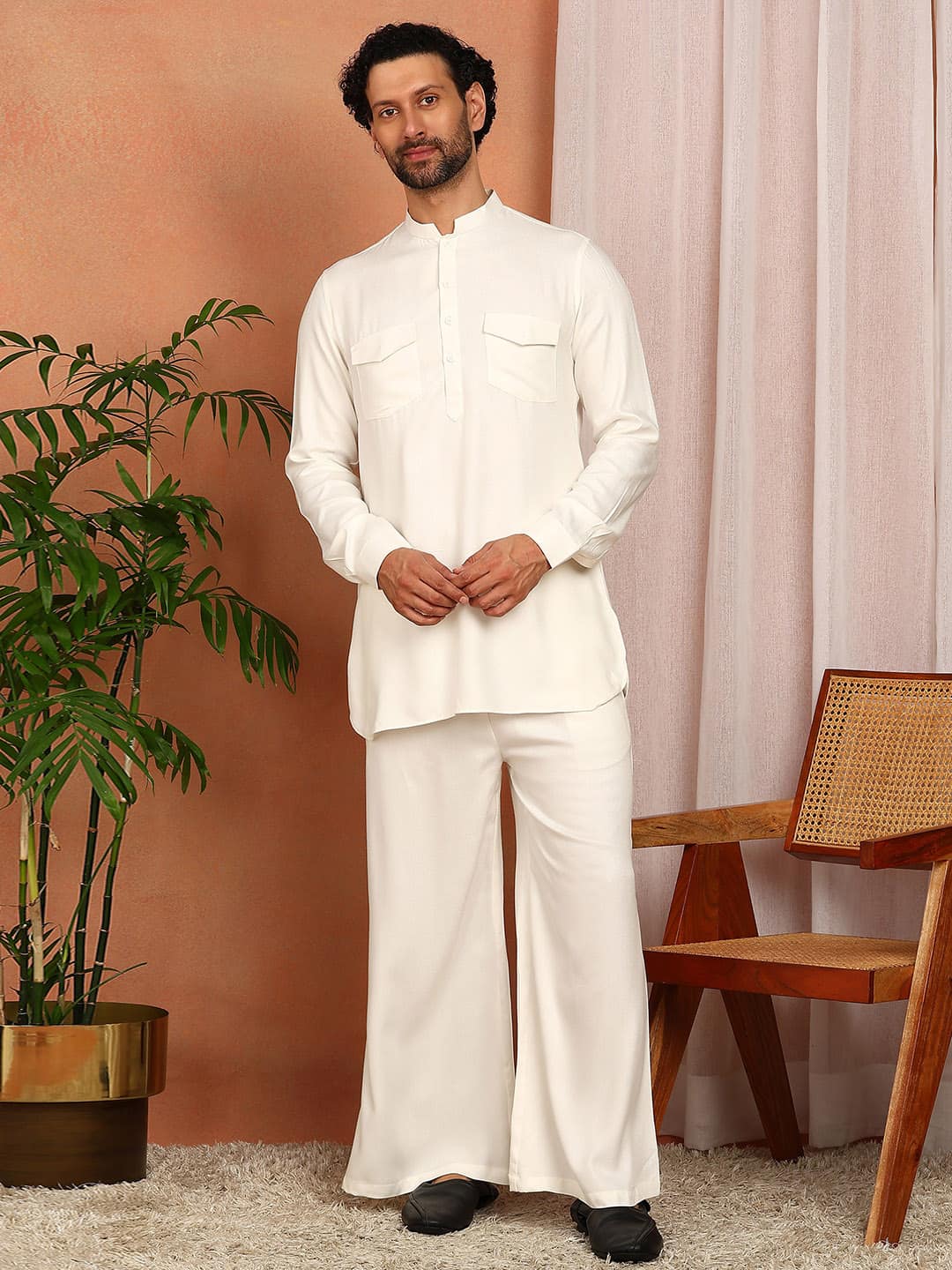 Men's Off White Viscose Rayon Solid Pathani Set