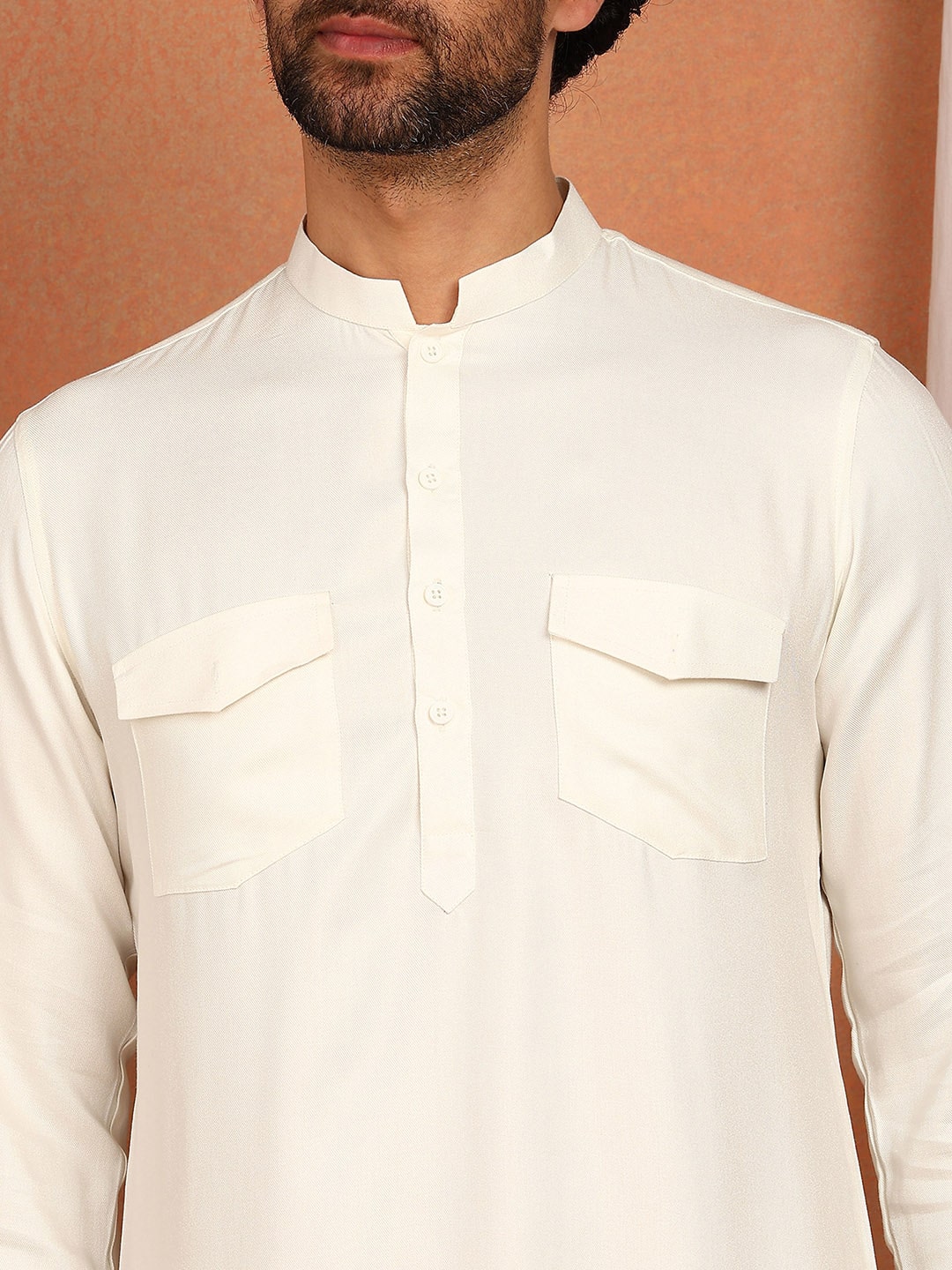 Men's Off White Viscose Rayon Solid Pathani Set