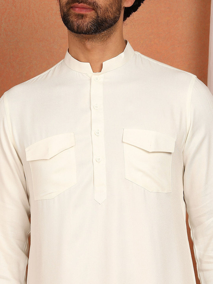 Men's Off White Viscose Rayon Solid Pathani Set