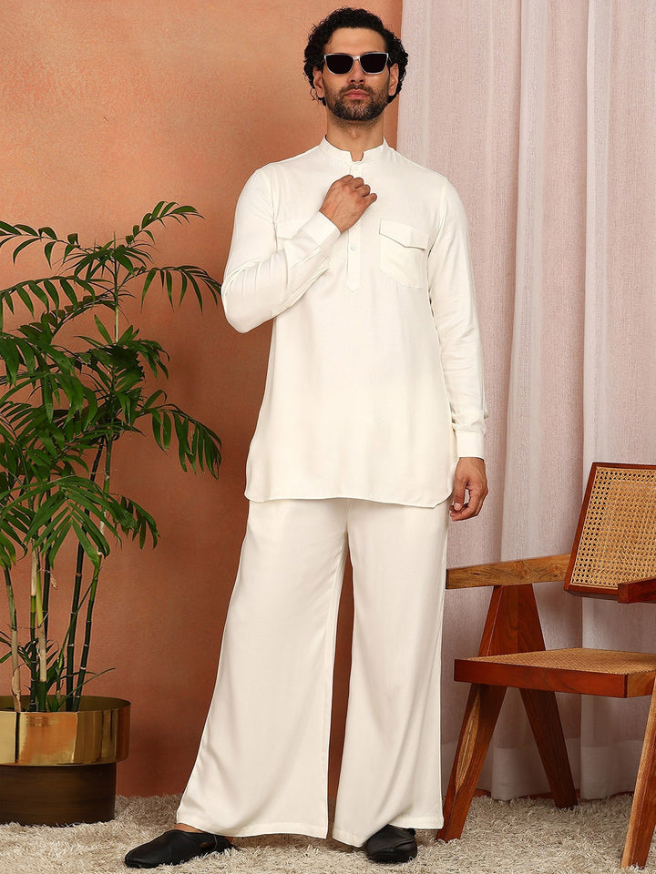 Men's Off White Viscose Rayon Solid Pathani Set
