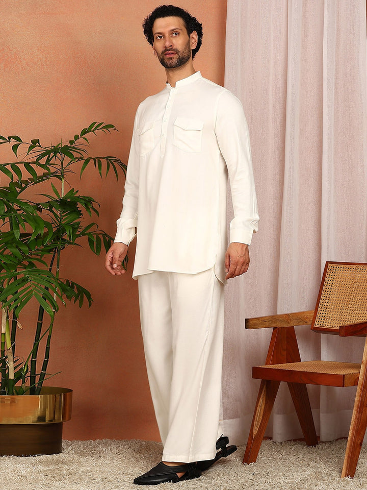 Men's Off White Viscose Rayon Solid Pathani Set