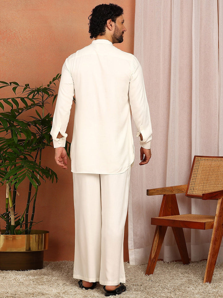 Men's Off White Viscose Rayon Solid Pathani Set