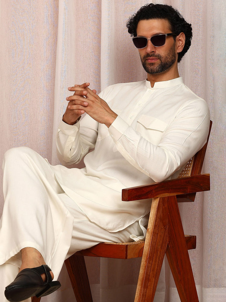 Men's Off White Viscose Rayon Solid Pathani Set