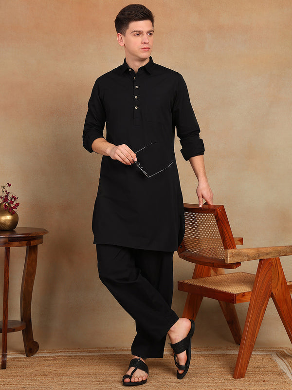 Black Solid Pathani Kurta with pyjama