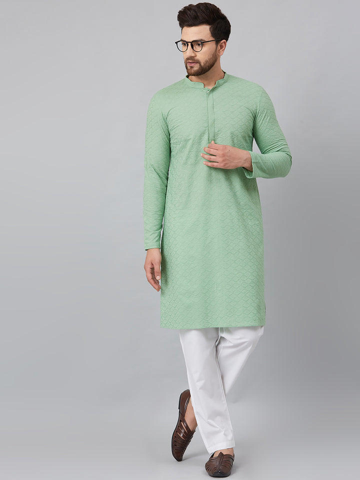 Men Green Chikankari Embroidered Woven Design Straight Kurta
