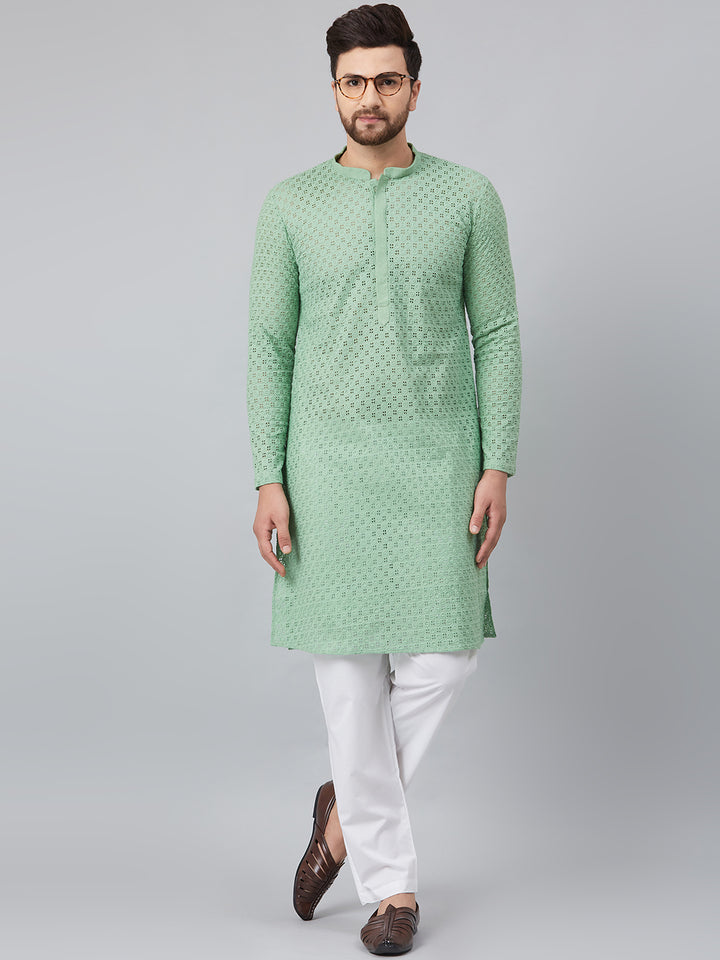 Men Green Chikankari Embroidered Woven Design Straight Kurta