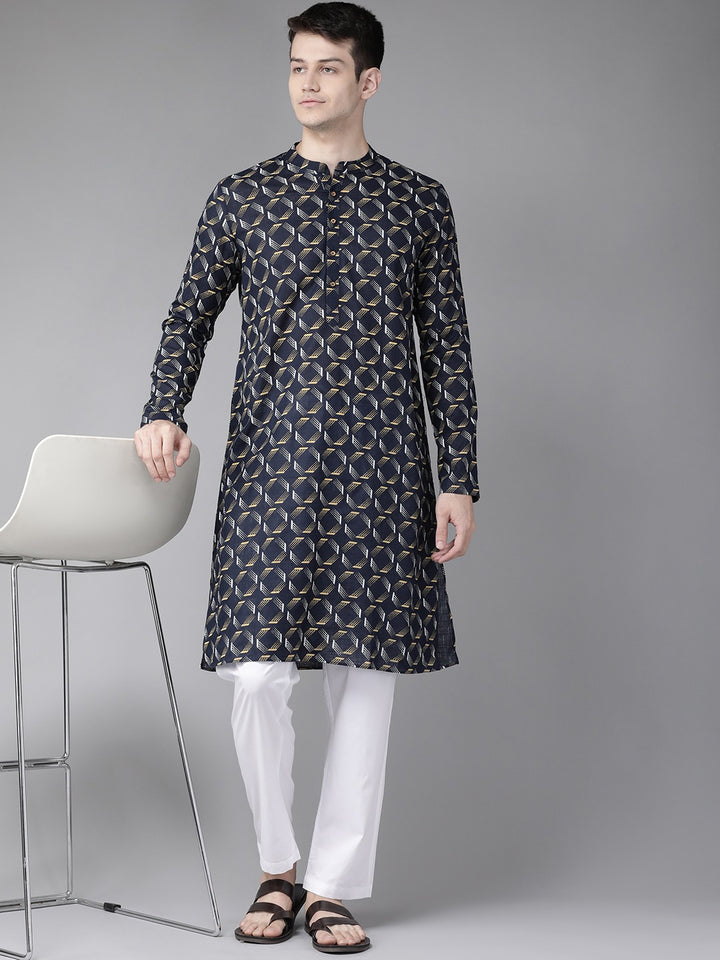 Men Navy Blue & Gold Printed Straight Kurta
