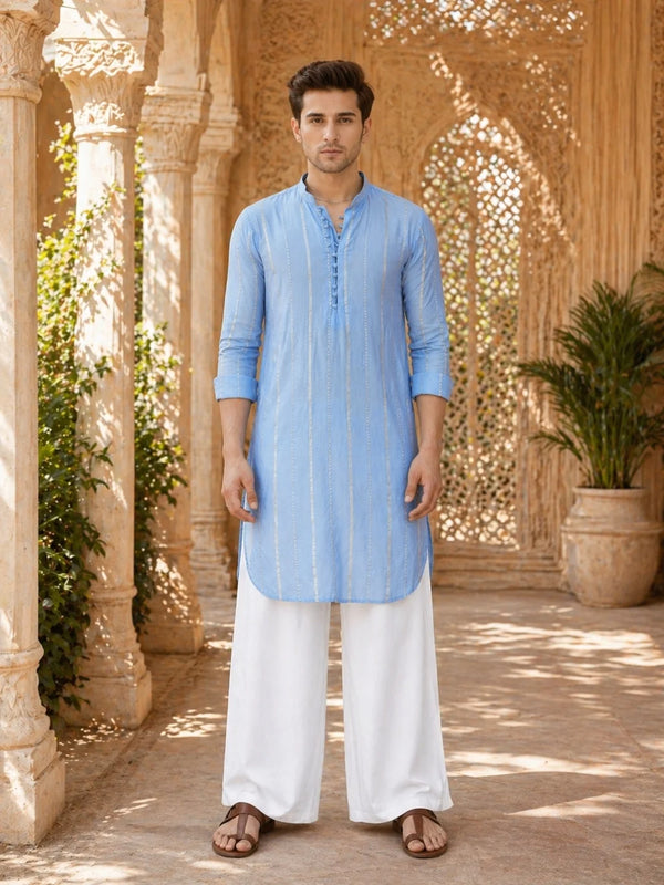 Men's sequin Cotton Chanderi Kurta with Wide leg Pyjama – Turquoise | Chaderi