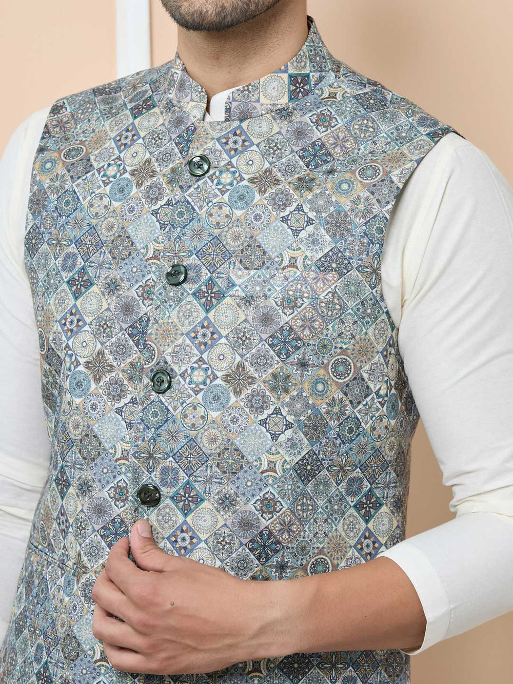 Gray Ethnic Motif Printed Nehru Jacket – Gray-1