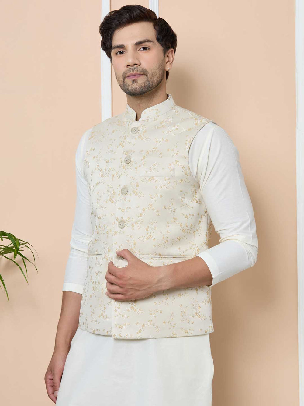 Beige Woven Jacquard Nehru Jacket – Beige