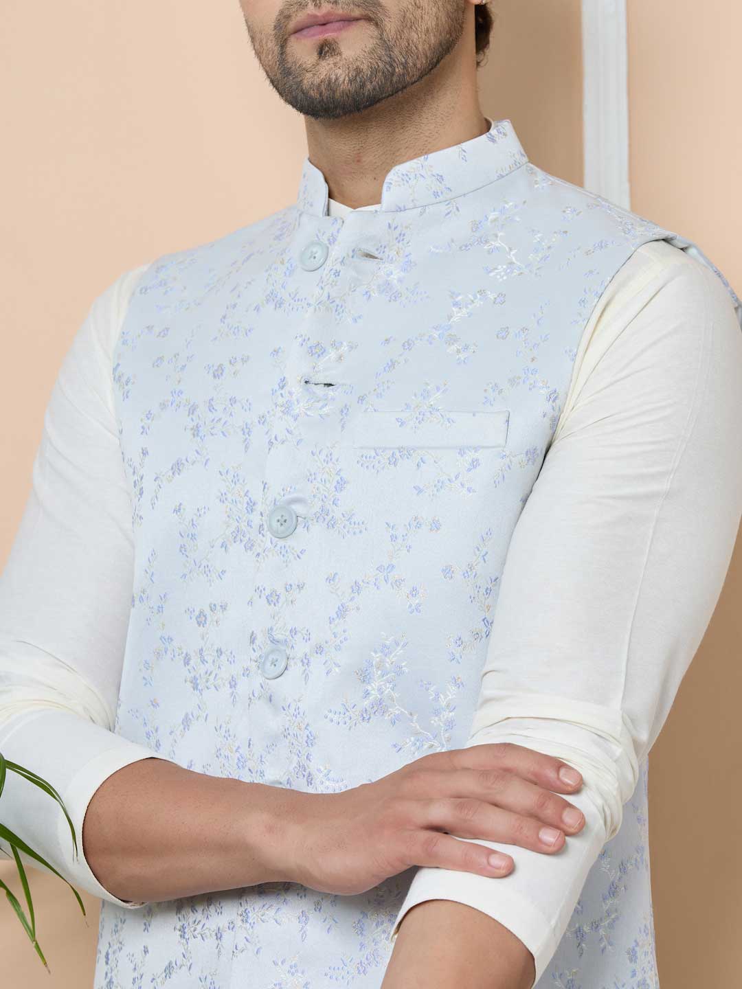 Blue Woven Jacquard Nehru Jacket2