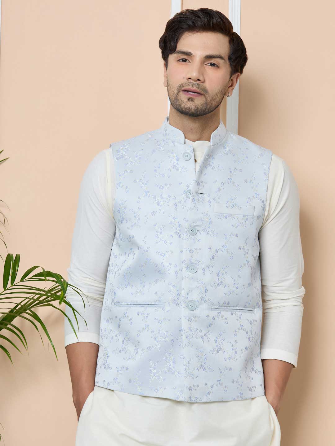 Blue Woven Jacquard Nehru Jacket3