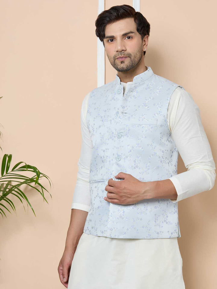 Blue Woven Jacquard Nehru Jacket5