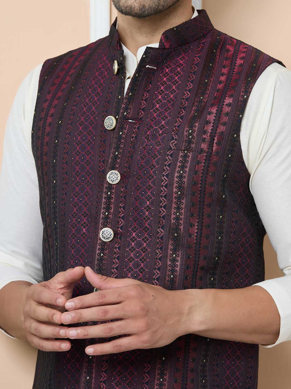 Maroon Woven Jacquard Nehru Jacket – Maroon