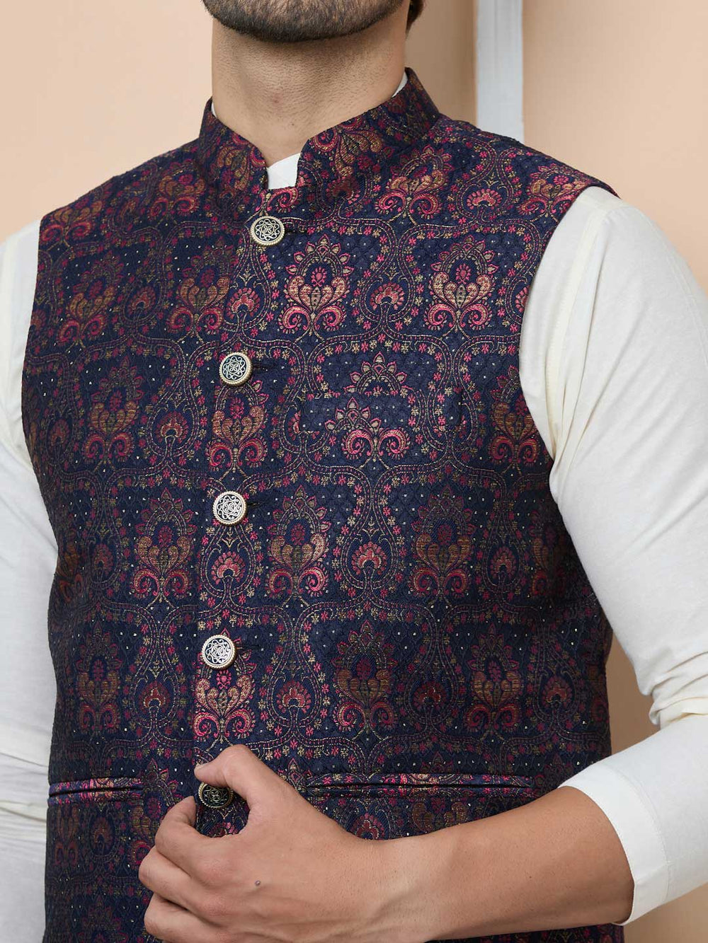 Navy Woven Jacquard Nehru Jacket – Navy