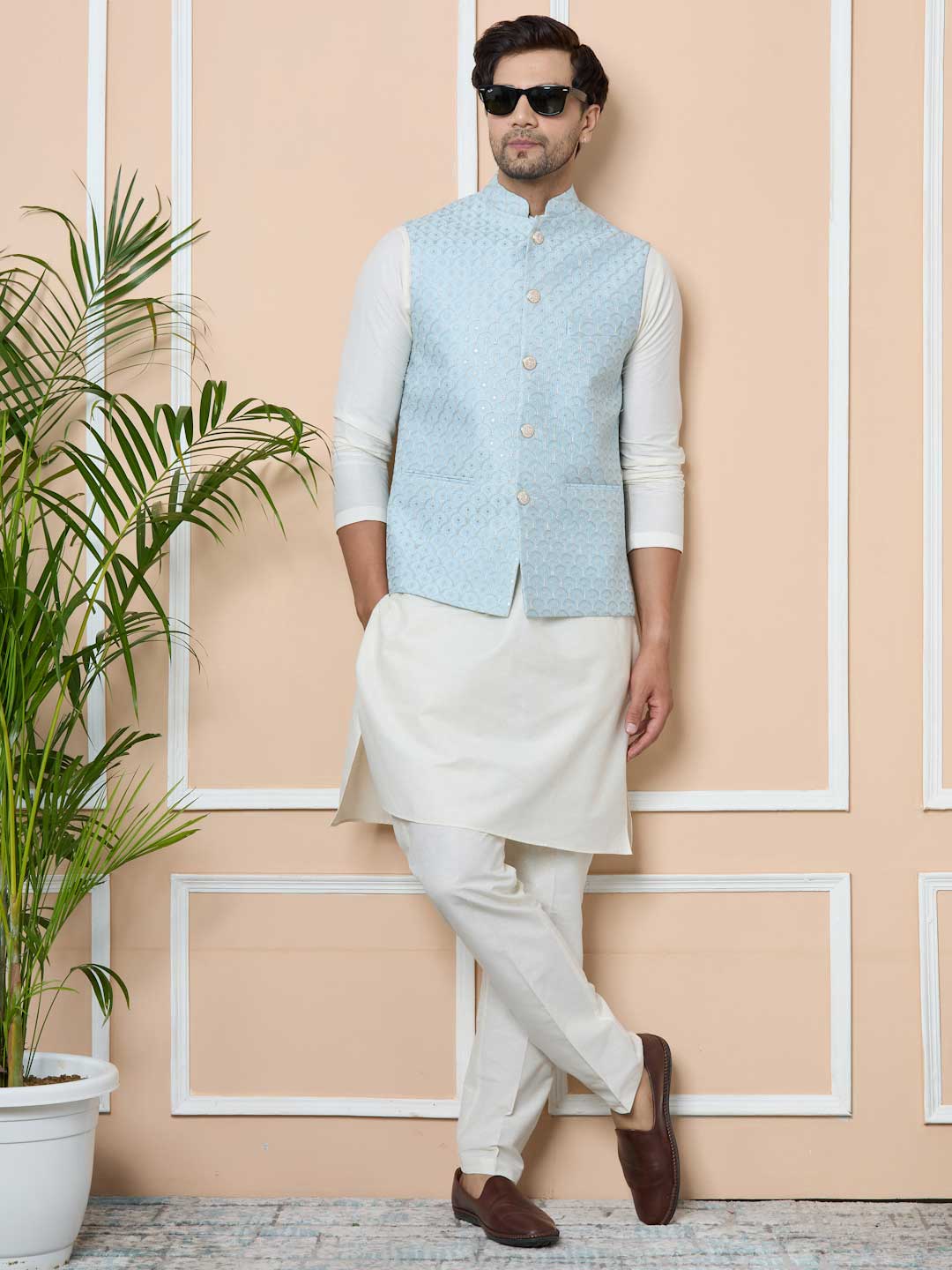 Men Sky Blue Embroidered Nehru Jacket