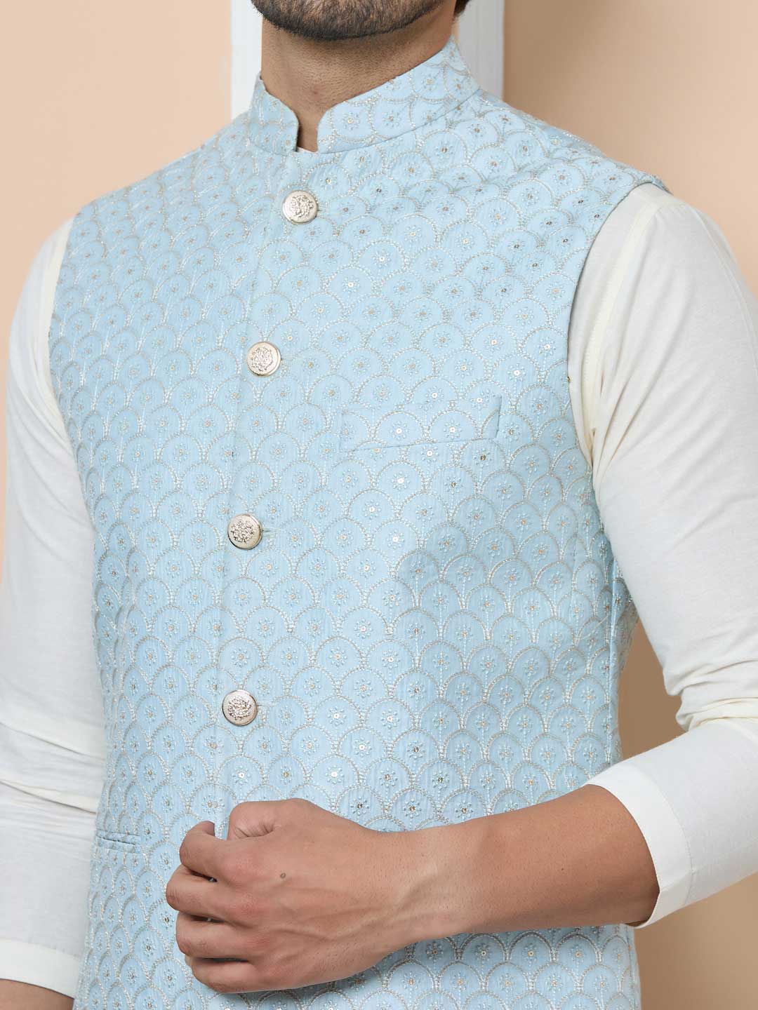 Men Sky Blue Embroidered Nehru Jacket