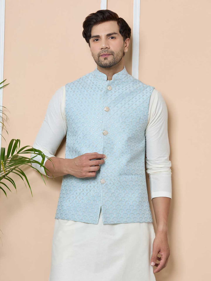 Men Sky Blue Embroidered Nehru Jacket