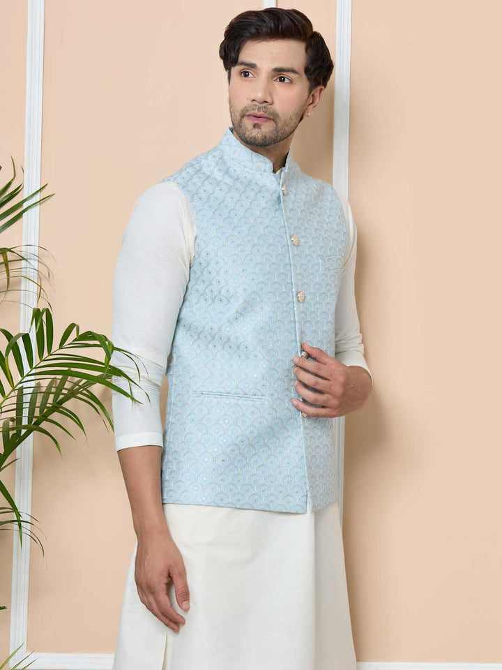 Men Sky Blue Embroidered Nehru Jacket