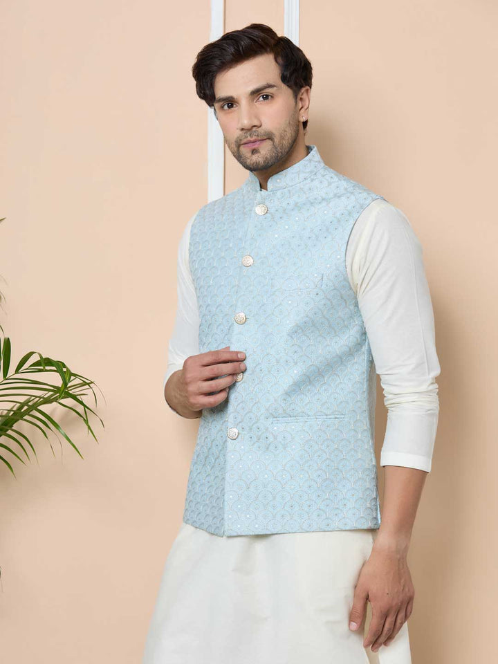 Men Sky Blue Embroidered Nehru Jacket