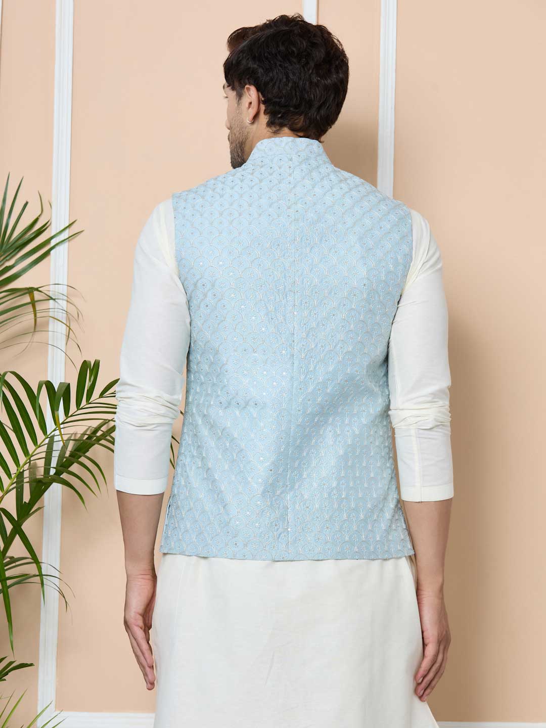 Men Sky Blue Embroidered Nehru Jacket
