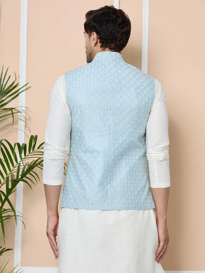 Men Sky Blue Embroidered Nehru Jacket