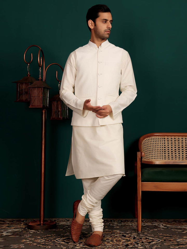 White Handwoven Cotton Jacquard  Nehru Jacket