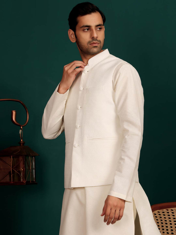 White Handwoven Cotton Jacquard  Nehru Jacket