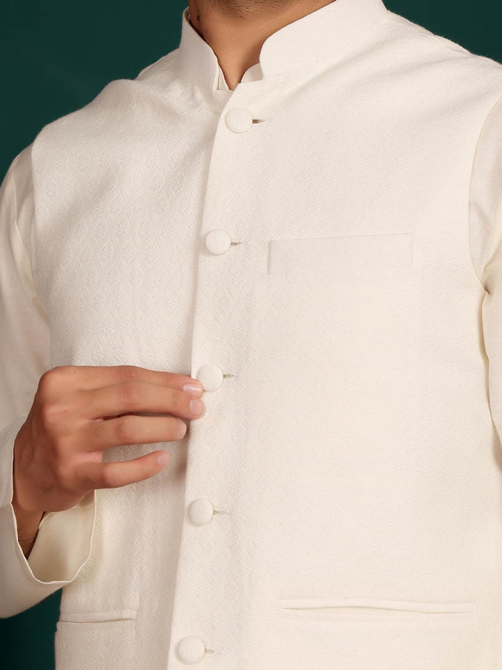 White Handwoven Cotton Jacquard  Nehru Jacket