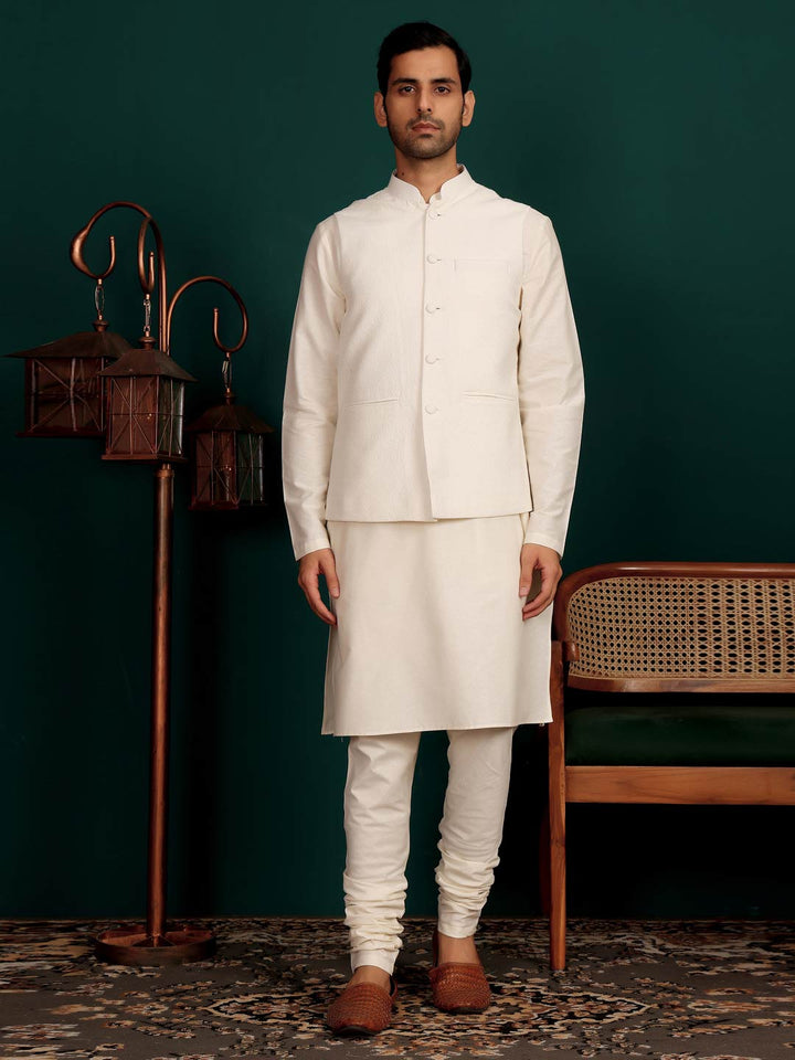 White Handwoven Cotton Jacquard  Nehru Jacket