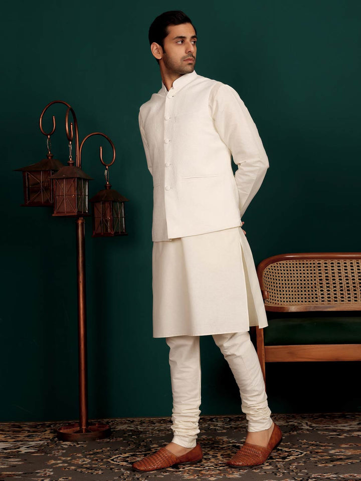 White Handwoven Cotton Jacquard  Nehru Jacket