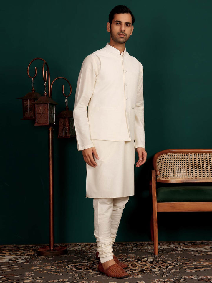 White Handwoven Cotton Jacquard  Nehru Jacket