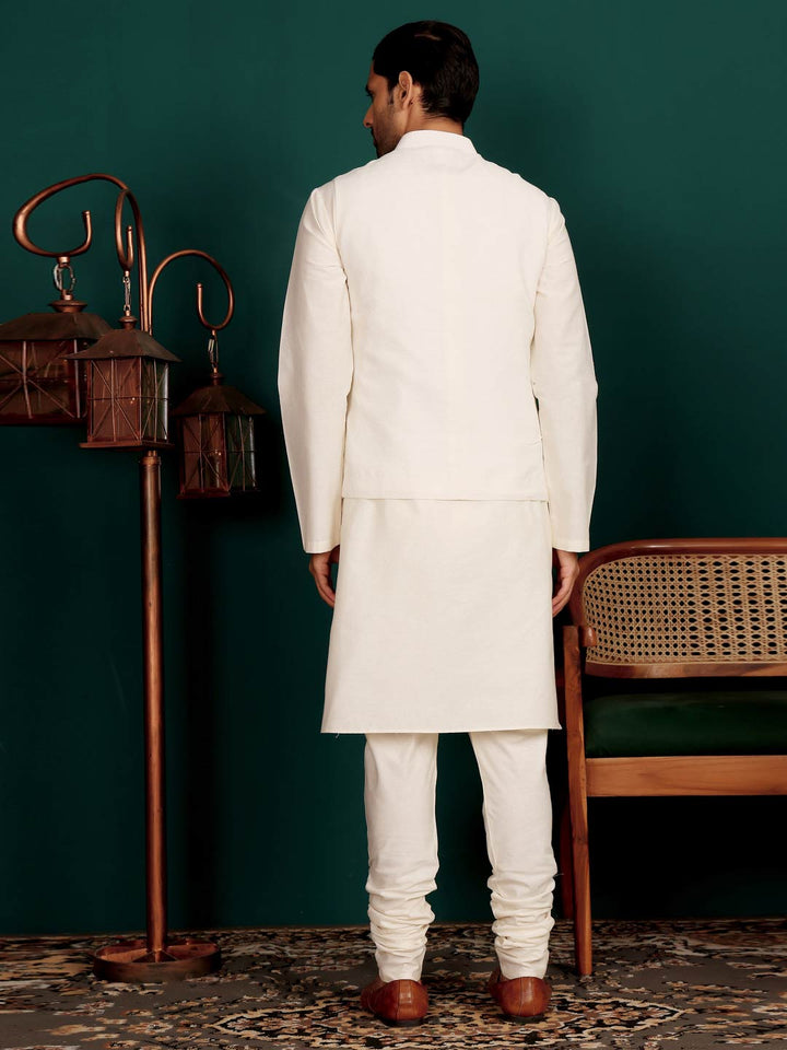 White Handwoven Cotton Jacquard  Nehru Jacket