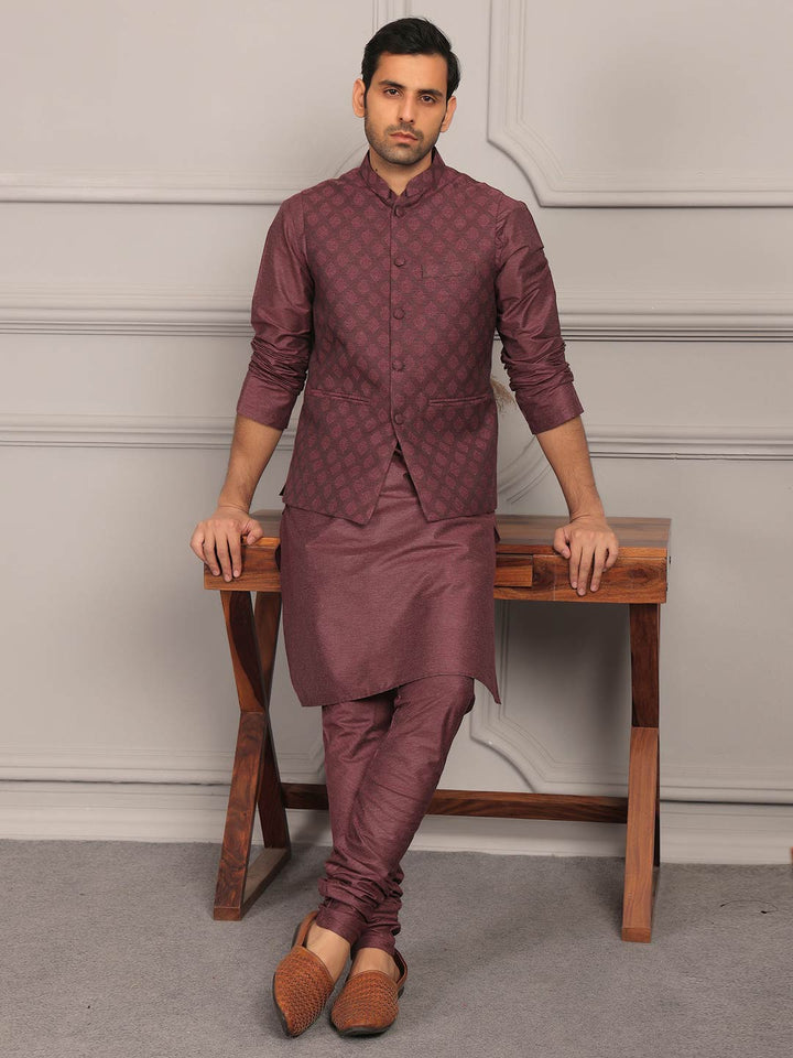 Dark Mauve  Handwoven Cotton Jacquard Nehru Jacket