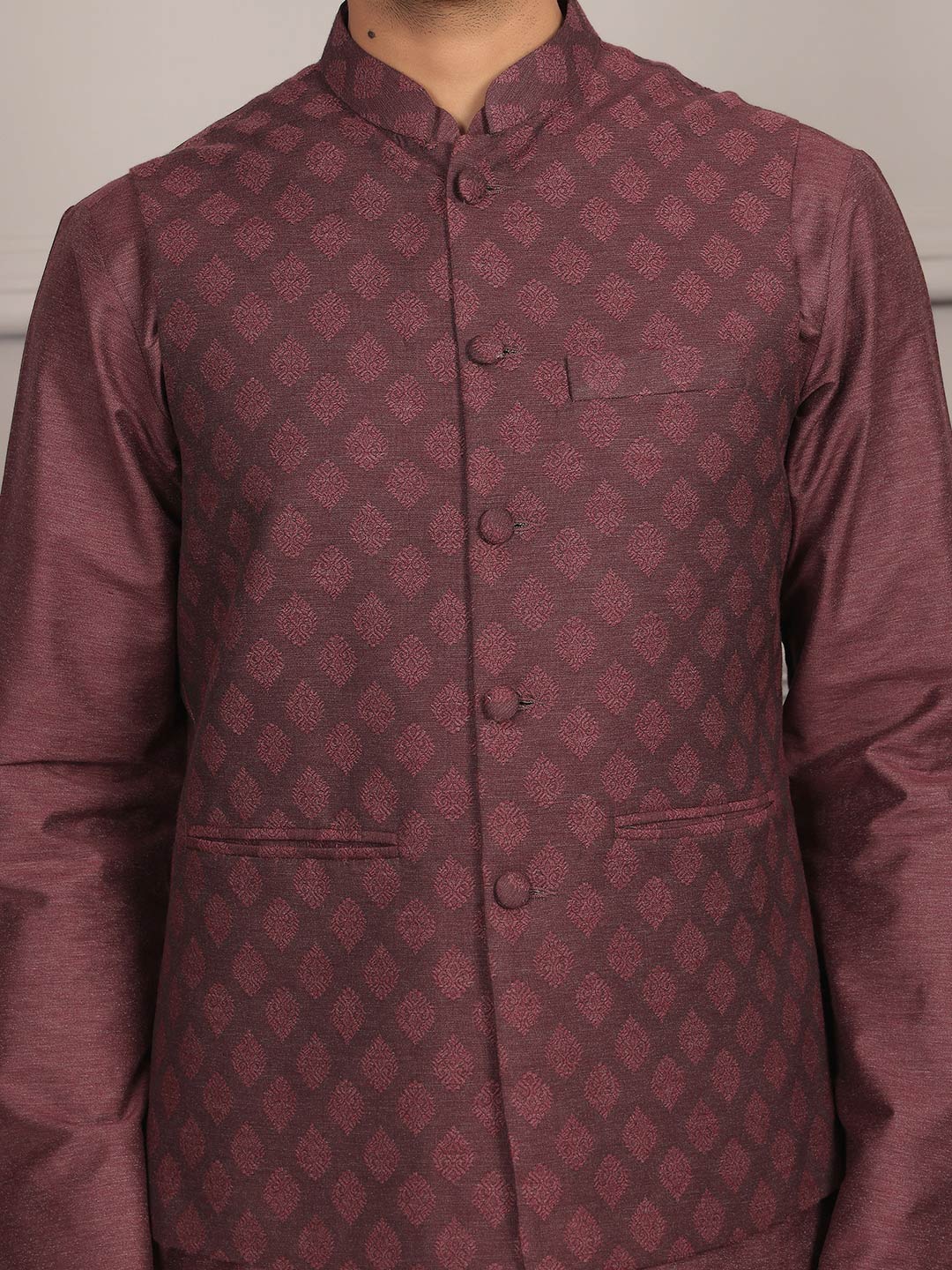 Dark Mauve  Handwoven Cotton Jacquard Nehru Jacket