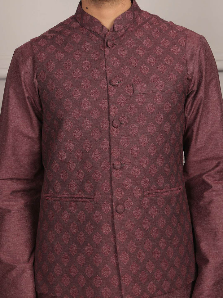 Dark Mauve  Handwoven Cotton Jacquard Nehru Jacket