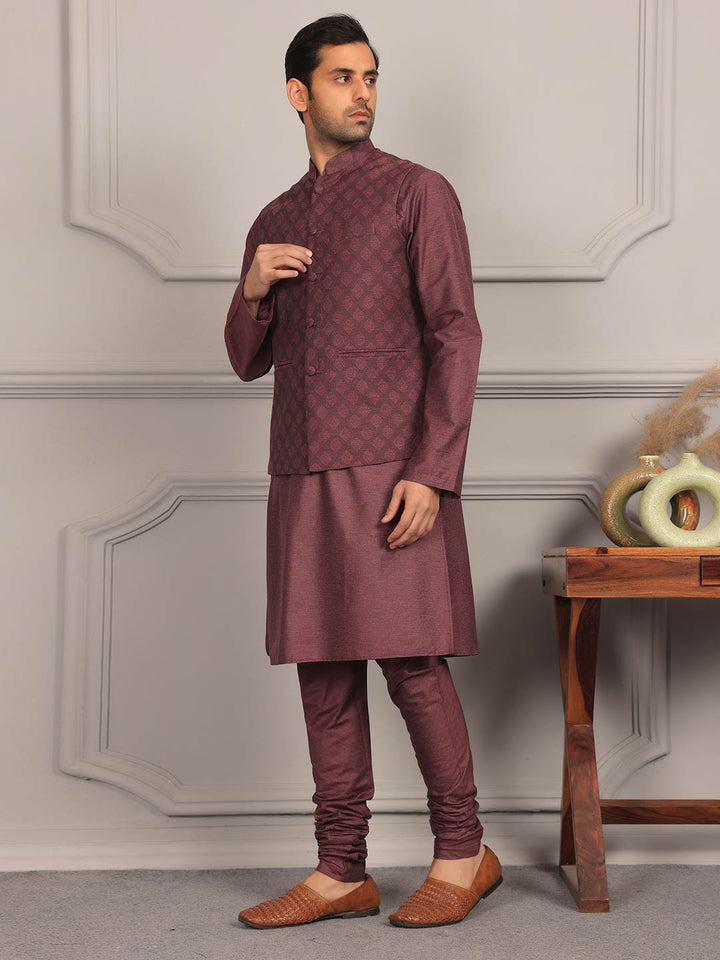 Dark Mauve  Handwoven Cotton Jacquard Nehru Jacket