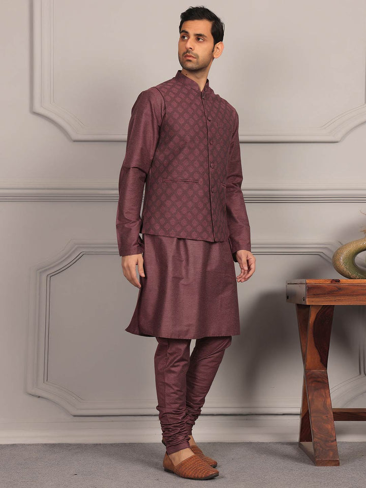 Dark Mauve  Handwoven Cotton Jacquard Nehru Jacket