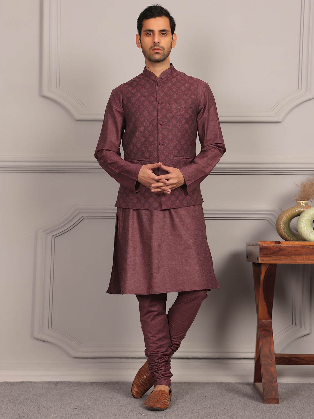 Dark Mauve  Handwoven Cotton Jacquard Nehru Jacket