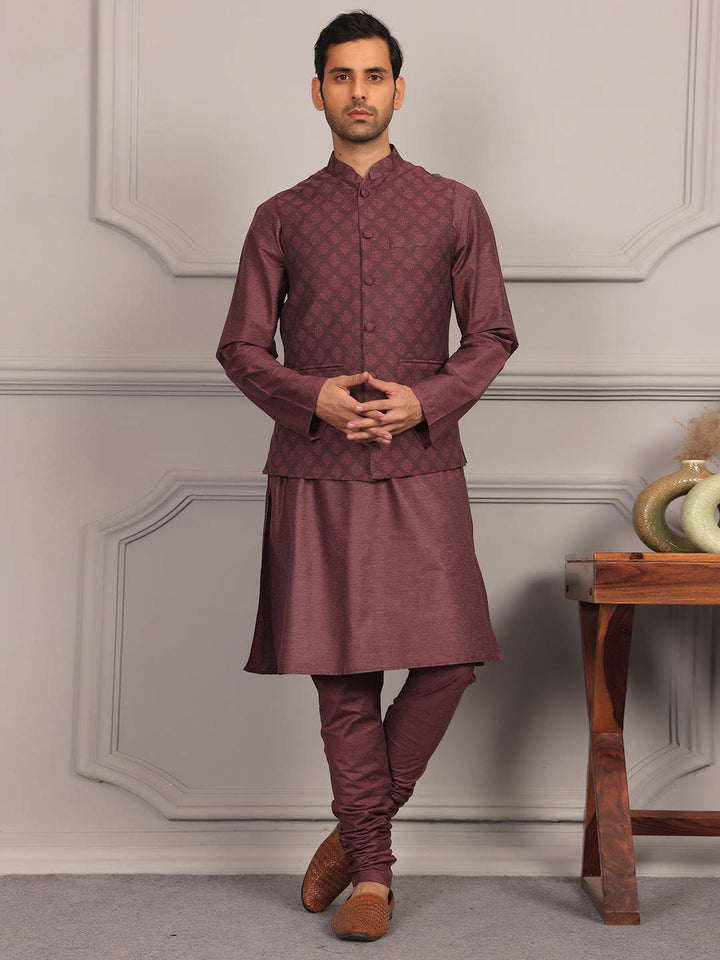 Dark Mauve  Handwoven Cotton Jacquard Nehru Jacket