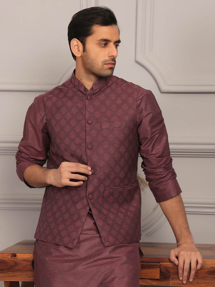 Dark Mauve  Handwoven Cotton Jacquard Nehru Jacket