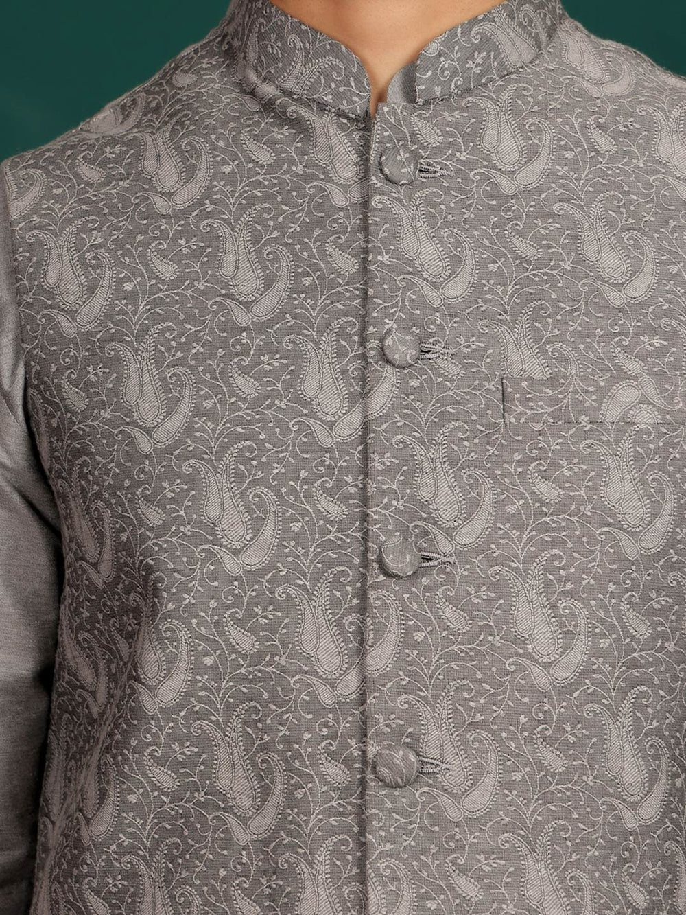 Dark Gray Handwoven Cotton Jacquard Nehru Jacket – Gray-1