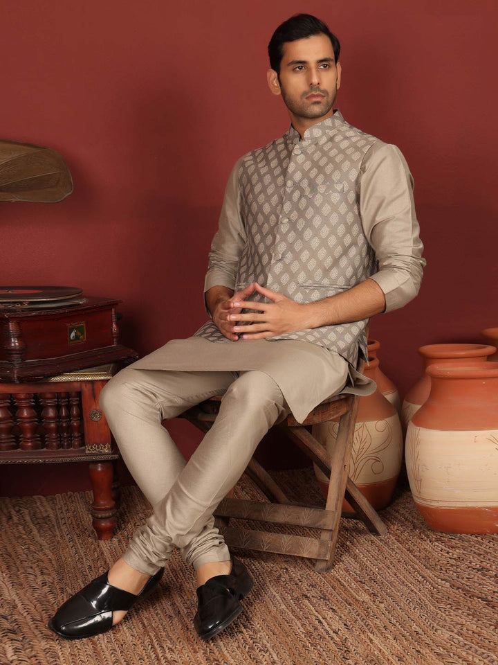 Beige-Gray Handwoven Cotton Jacquard Nehru Jacket