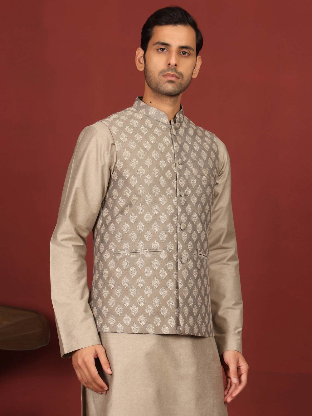 Beige-Gray Handwoven Cotton Jacquard Nehru Jacket – Gray