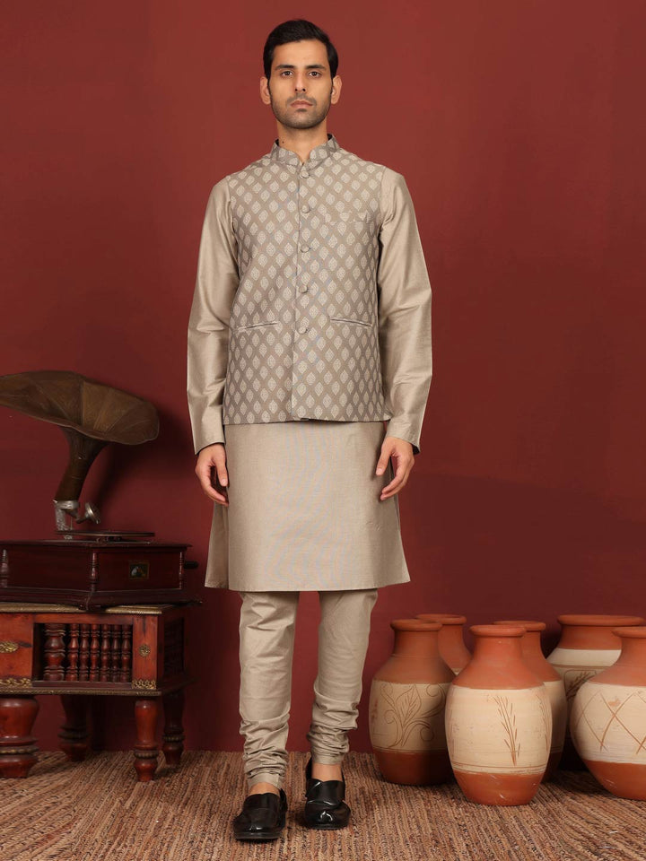 Beige-Gray Handwoven Cotton Jacquard Nehru Jacket