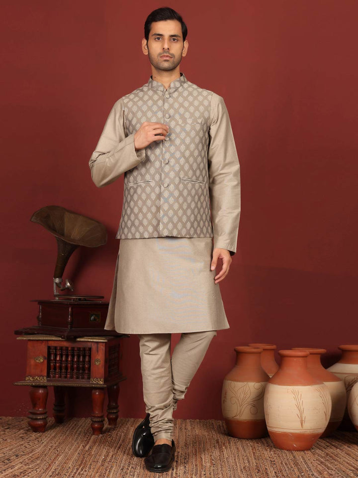 Beige-Gray Handwoven Cotton Jacquard Nehru Jacket