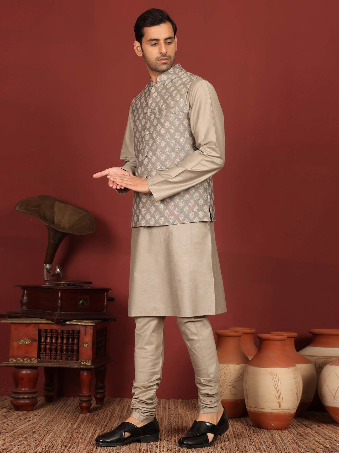 Beige-Gray Handwoven Cotton Jacquard Nehru Jacket