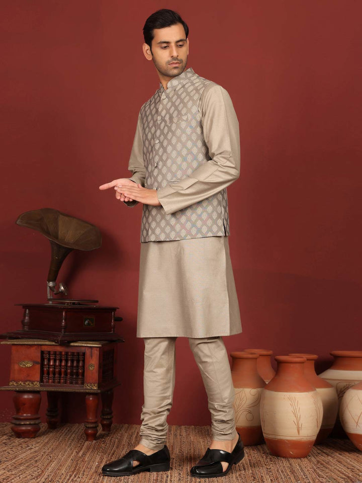Beige-Gray Handwoven Cotton Jacquard Nehru Jacket